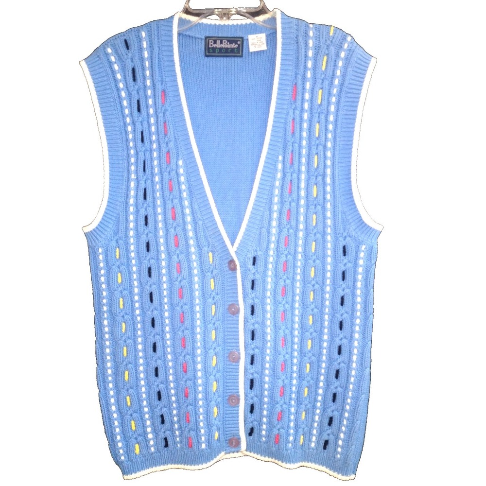 VTG 90s Belle Pointe Blue Knit Embroidered Vest Grandma Sporty Art to Wear sz S